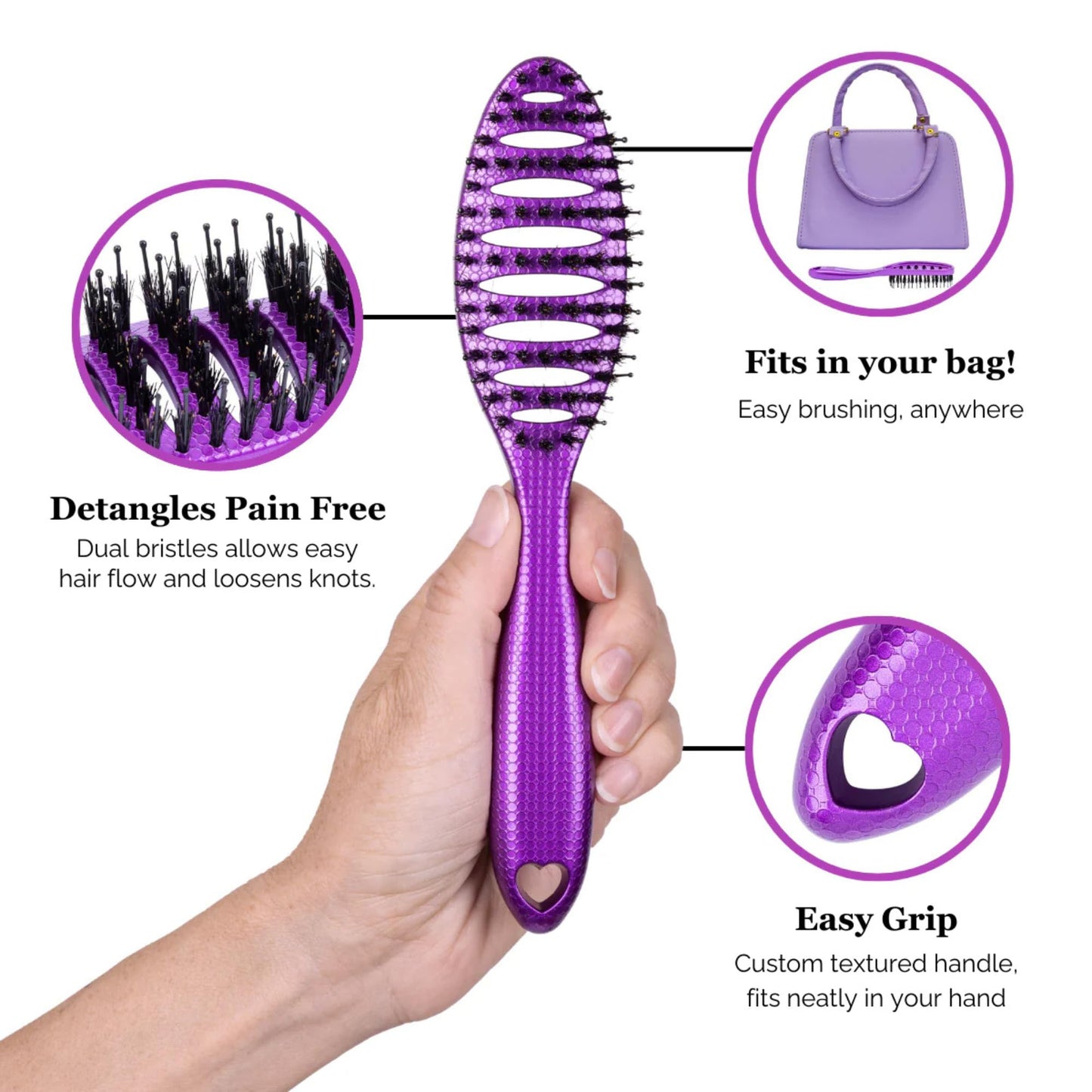 HAPPY HAIR Happy Detangler Mini Brush with Boar Bristles & Nylon Pins | Designed by Women to Detangle & Smooth Thick, Fine or Curly Hair | Pain-Free Slick Back Brush, Compact & Lightweight (Purple)