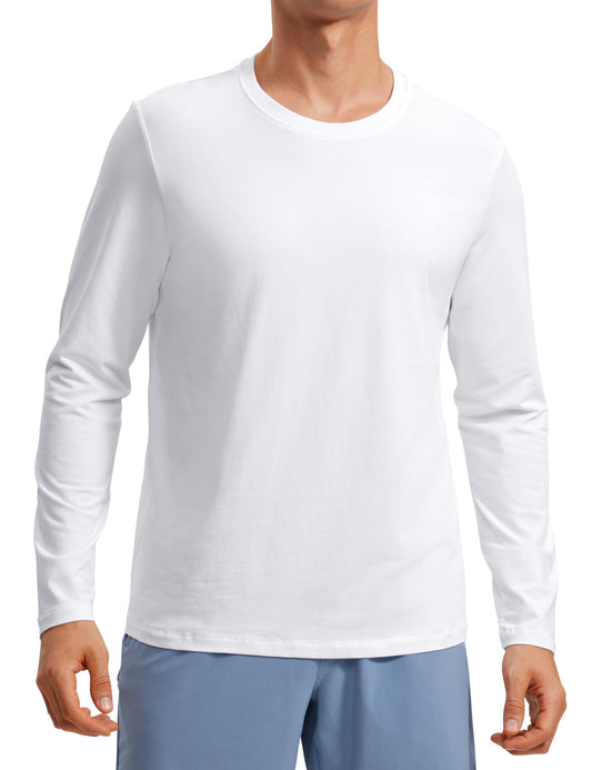 CRZ YOGA Pima Cotton Long Sleeve Shirts for Men Crew Neck Basic Casual T-Shirts Breathable Workout Comfort Tops White Large