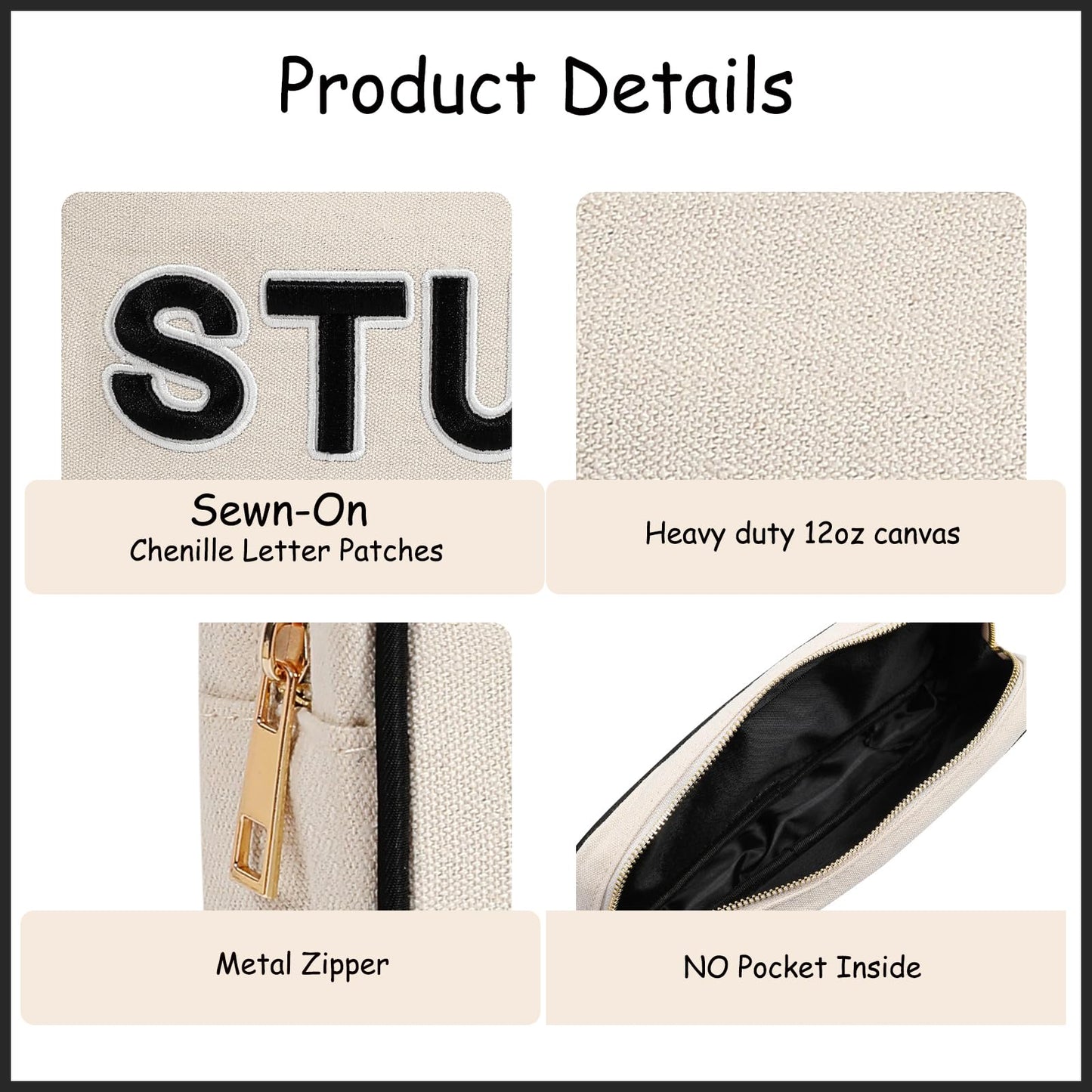 uekeboag 3Pcs Canvas Chenille Letter Makeup Bag Set, Small Travel Washable Organizer Bag for Purse with Zipper, Cute Personalized Gift Pouch For Women and Girls(Hair Skin Face)