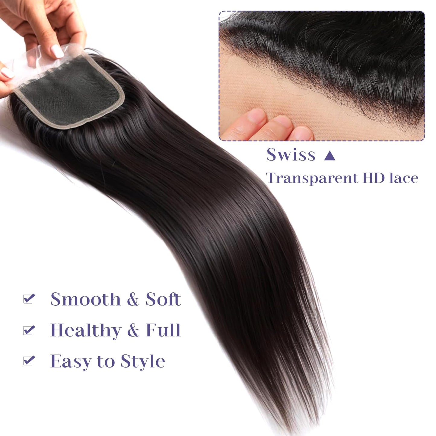 5x5 Transparent HD lace closure human hair Straight Invisible 150% Density 12A Real Transparent Lace Closure Virgin Human Hair Frontal Pre Plucked With Baby Hair Natural Black 20Inch