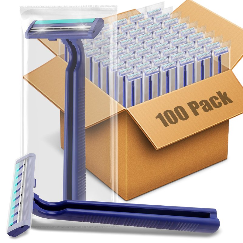 MAGDIY Disposable Razors Bulk for Men 100 Pack, Homeless Supplies Bulk, Twin Blade Mens Travel Supply Razor for Shaving, Safety Beard Shavers for Camping Bathing Hotel (Blue)