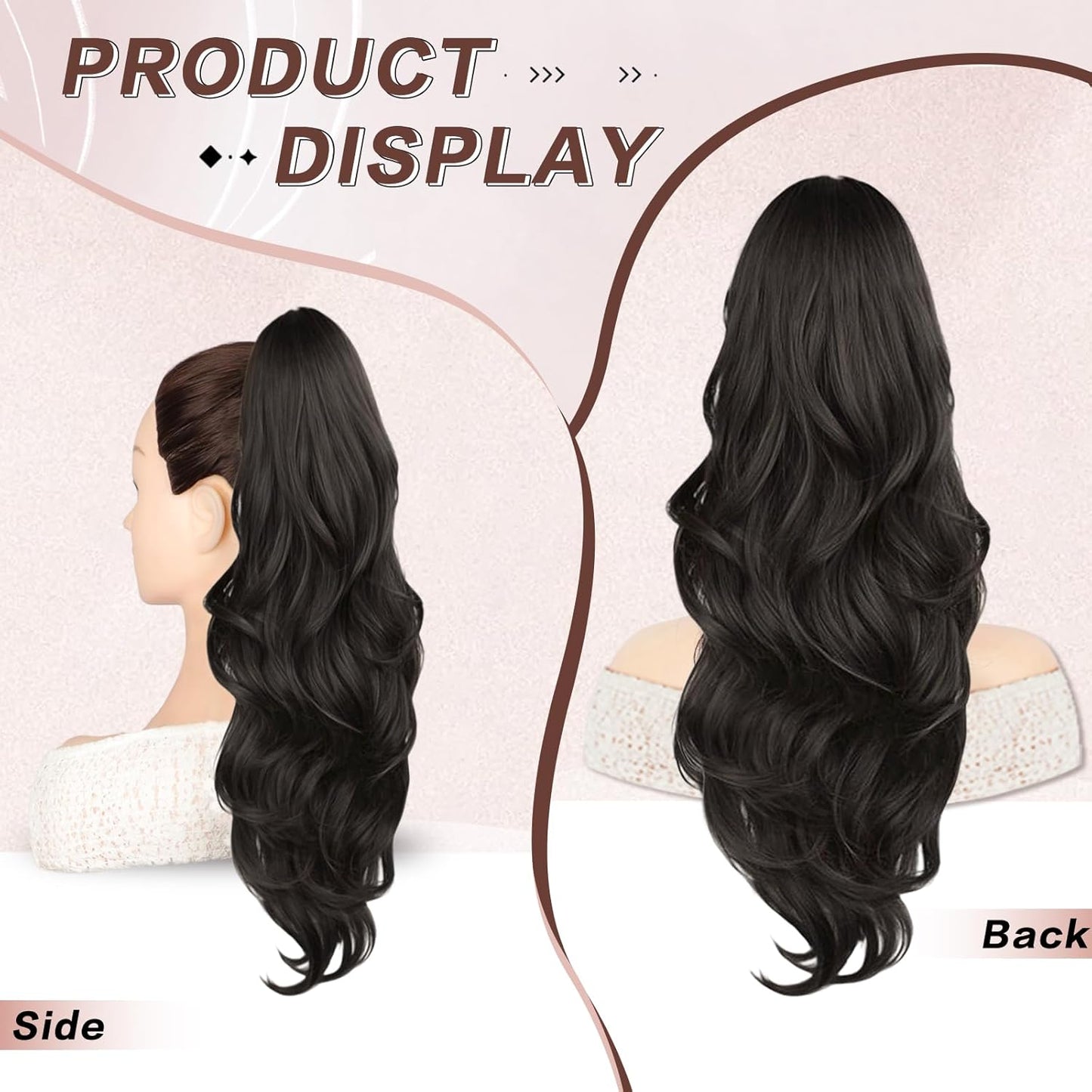 Ponytail Extension - 23 Inch Dark Brown Wavy Drawstring Hairpiece | Synthetic Clip-In for Women