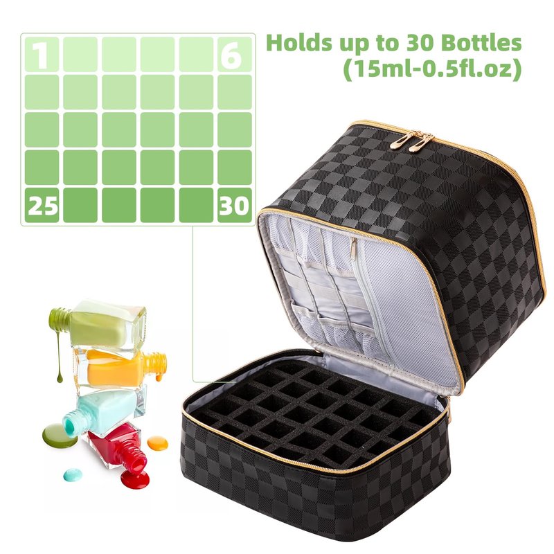 AFUOWER Nail Polish Organizer Bag with Handles - Holds 30 Bottles (15ml - 0.5 fl.oz)，Travel Case Portable Storage Bag for Manicure Set (Checkered Black)