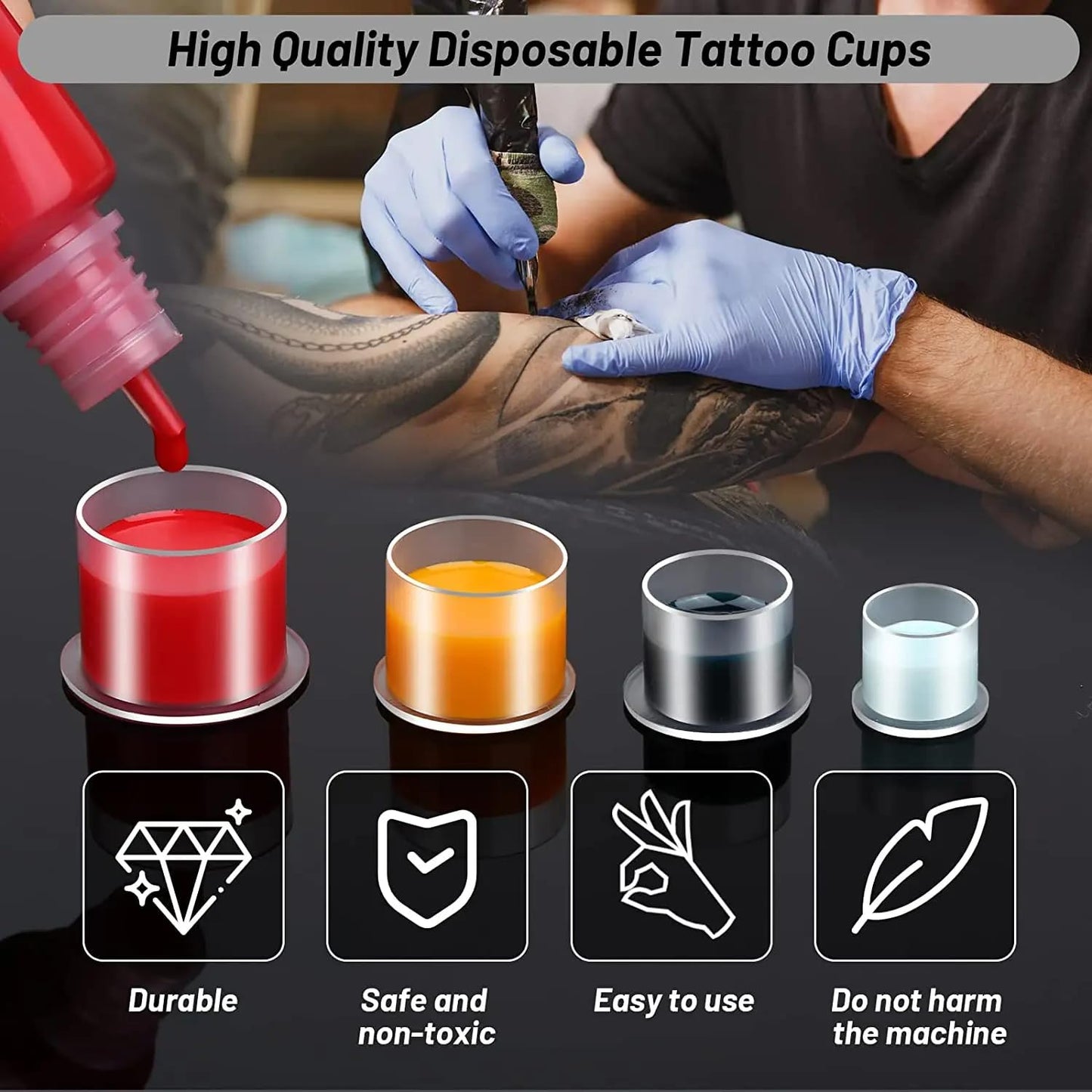 Tattoo Ink Caps - Yuelong 1000Pcs Disposable Microblading Makeup Tattoo Ink Cups With Base, Pigment Ink Caps Sizes 17mm Large for Tattoo Ink Tattoo Kits Tattoo Supplies (17MM-1000PCS)