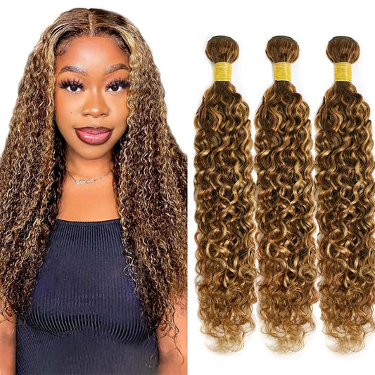 Ombre Curly Bundles Human Hair 4/27 Human Hair Bundles Highlight Honey Brown Bundle 14 14 14 Inch Salon Quality Double Weft Brazilian Virgin Remy Hair Extensions Deals