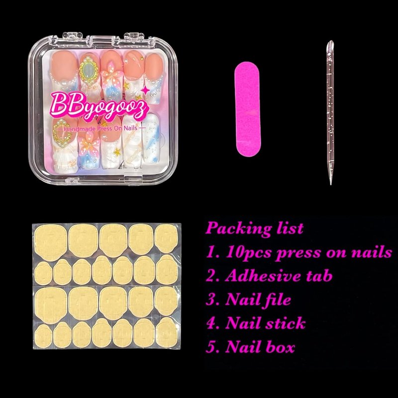 Handmade Press On Nails - Pink 3D Floral & Gold Decor | Medium Long Square Reusable Acrylic Tips (Petal Mirage, Size S)
