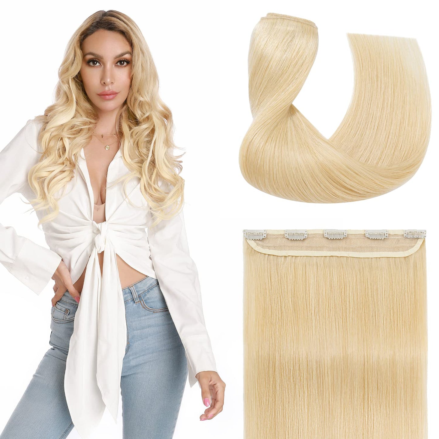 S-noilite One Piece Clip in Human Hair Extensions 5 Clips 3/4 Full Head Clip on Remy Hair Extension For Women Lighter One-Piece Design 16Inch 45g Dark Brown