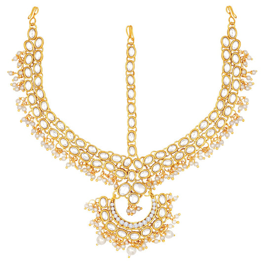 Aheli Traditional Red Kundan Pearl Maang Tikka Matha Patti for Women