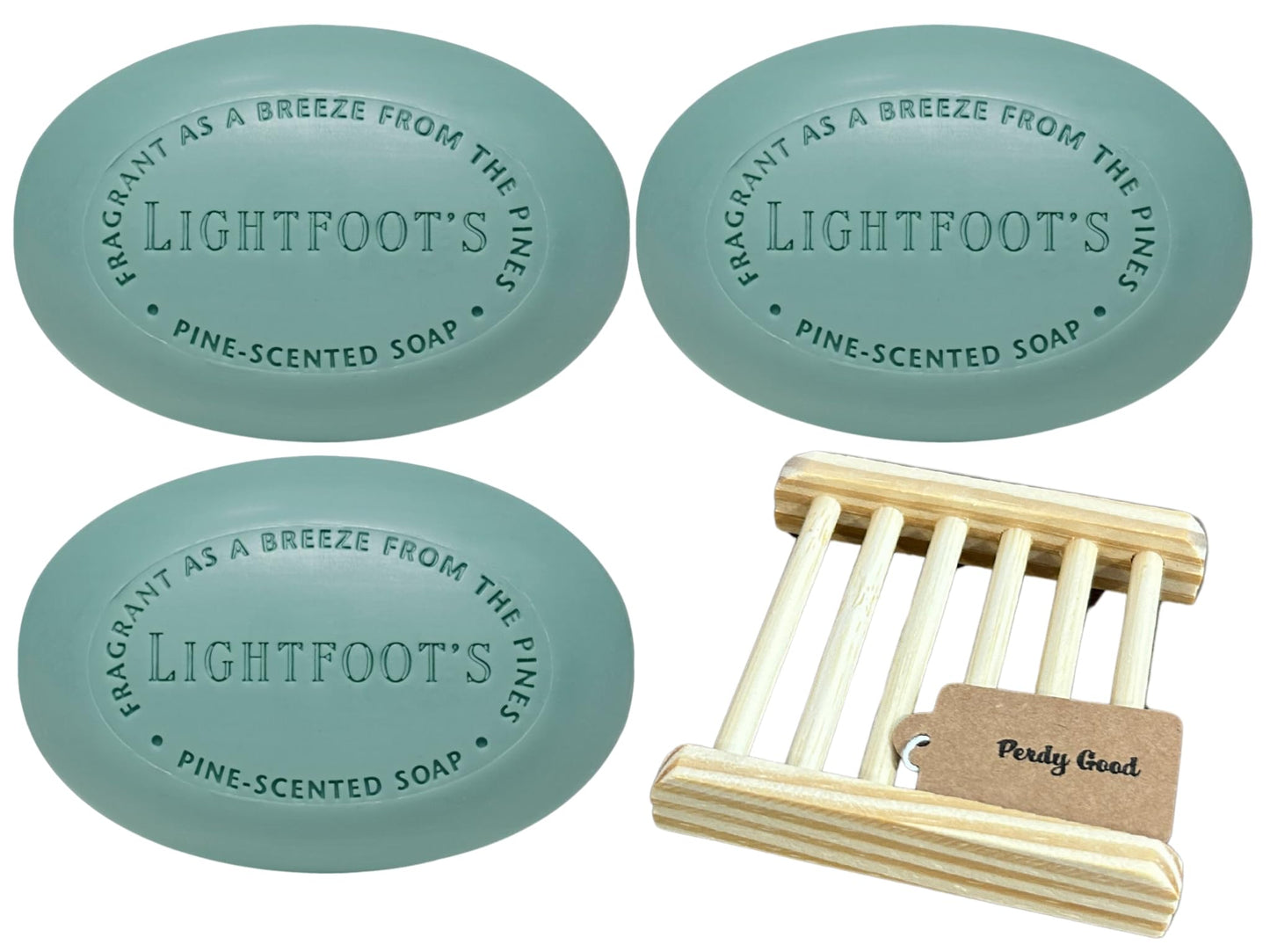 Perdy Good Lightfoot's Pine Soap for Men (3 Bars) All Natural Pine Scented Mens Athletic Soap for Body or Hands and One (1) Bamboo Holder