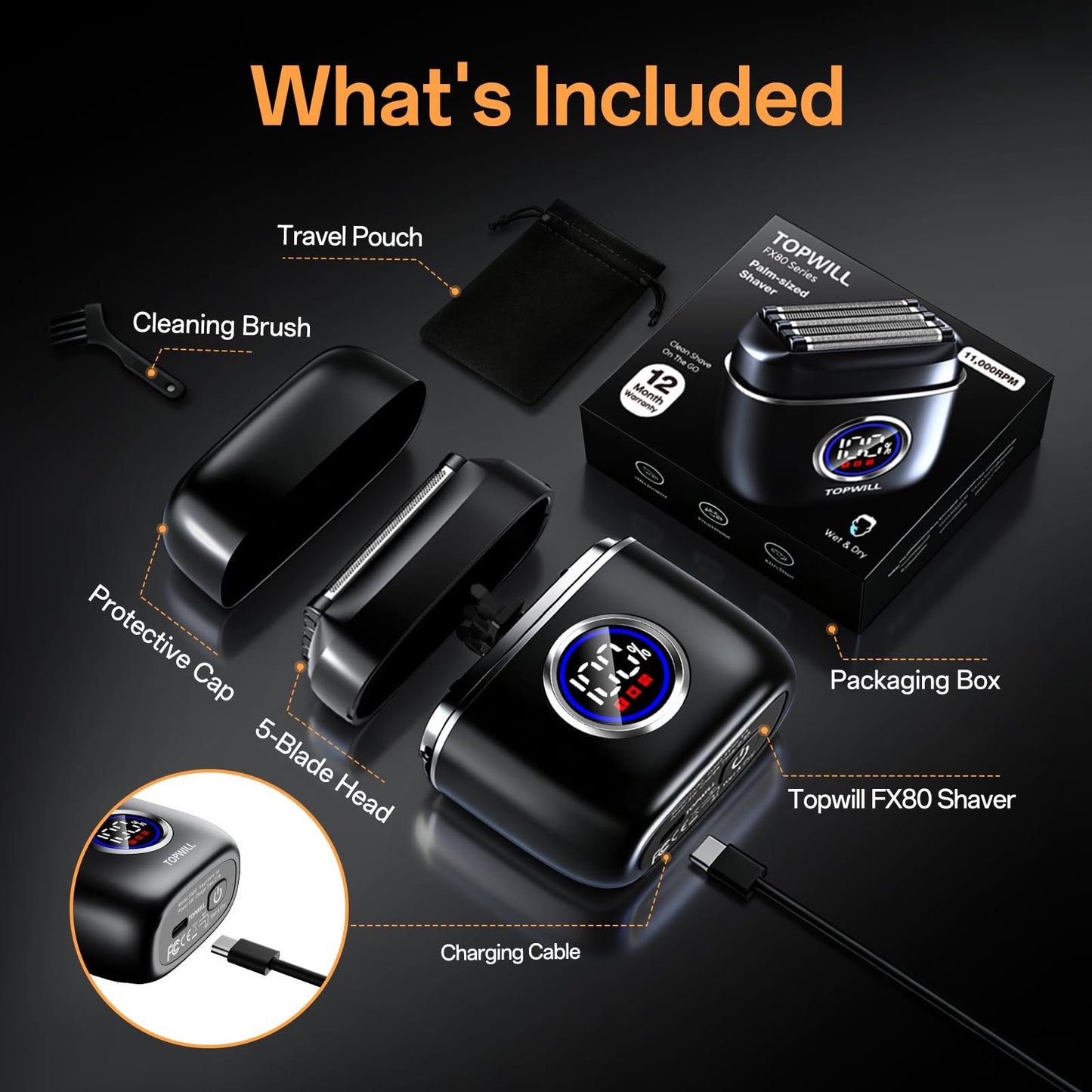 Electric Razor for Travel Men – 5 Blade Portable Foil Shaver with High-Speed Motor for Beard & Mustache Close Shave, Waterproof Wet/Dry Use, Mini Cordless USB-C Rechargeable, Black
