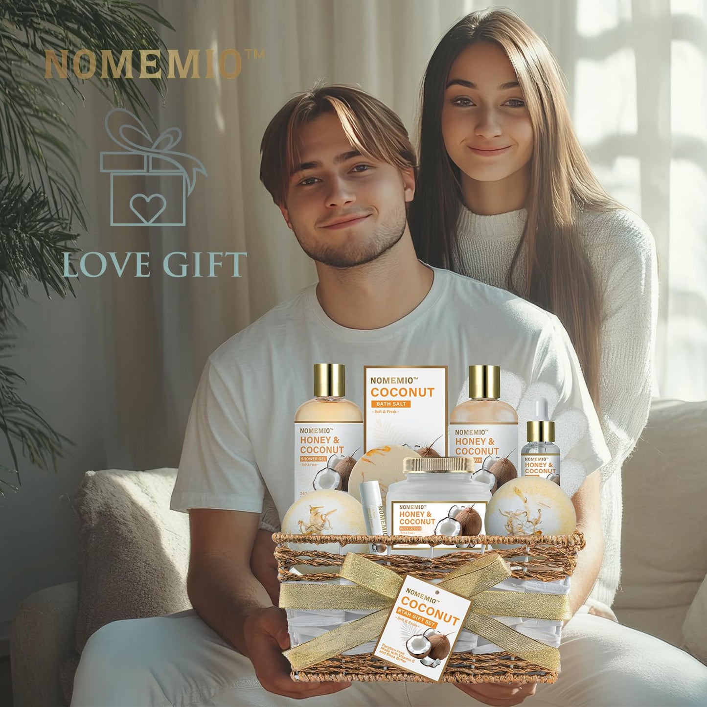 Valentine's Day Spa Gift Basket - 11pcs Honey & Coconut Luxury Bath Set | Perfect Beauty Gifts for Women & Moms