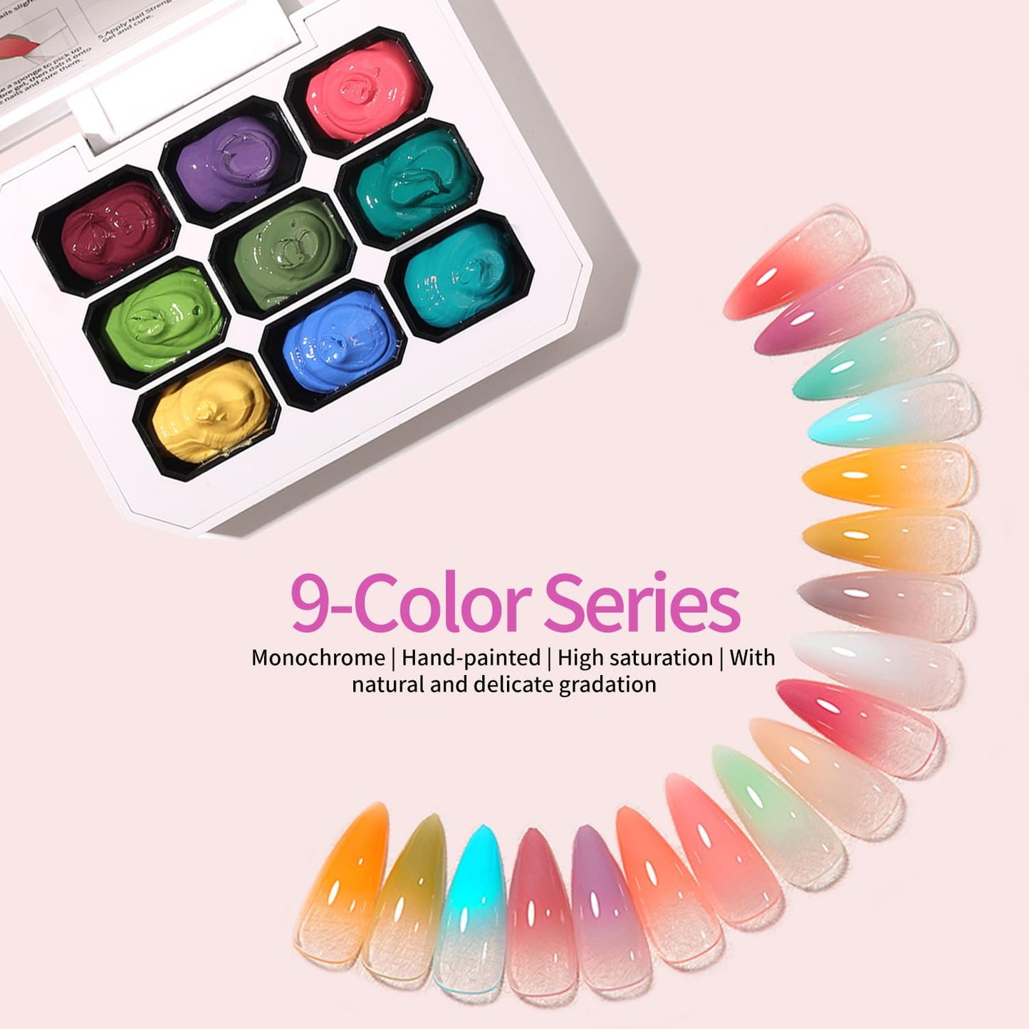 AOBOO Ombre Gel Nail Polish with Nail Art Sponges for Pat Gel Ombre Color Palette Blush Effect Pat Painting Gradient Blooming Gels 9colors for Ombre Nails Multistyle French Manicure DIY
