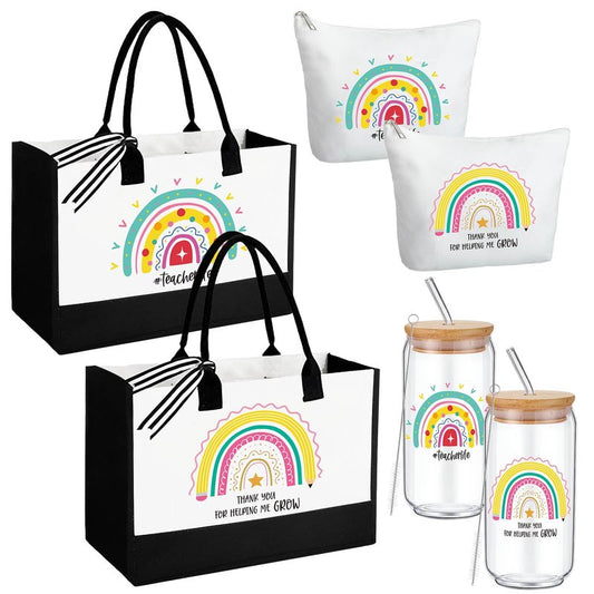 Hushee 6 Pcs Christmas Teacher Gift for Women 2 Set Appreciation Gift Include Teacher Tote Bag Tumbler and Makeup Bag(Star)