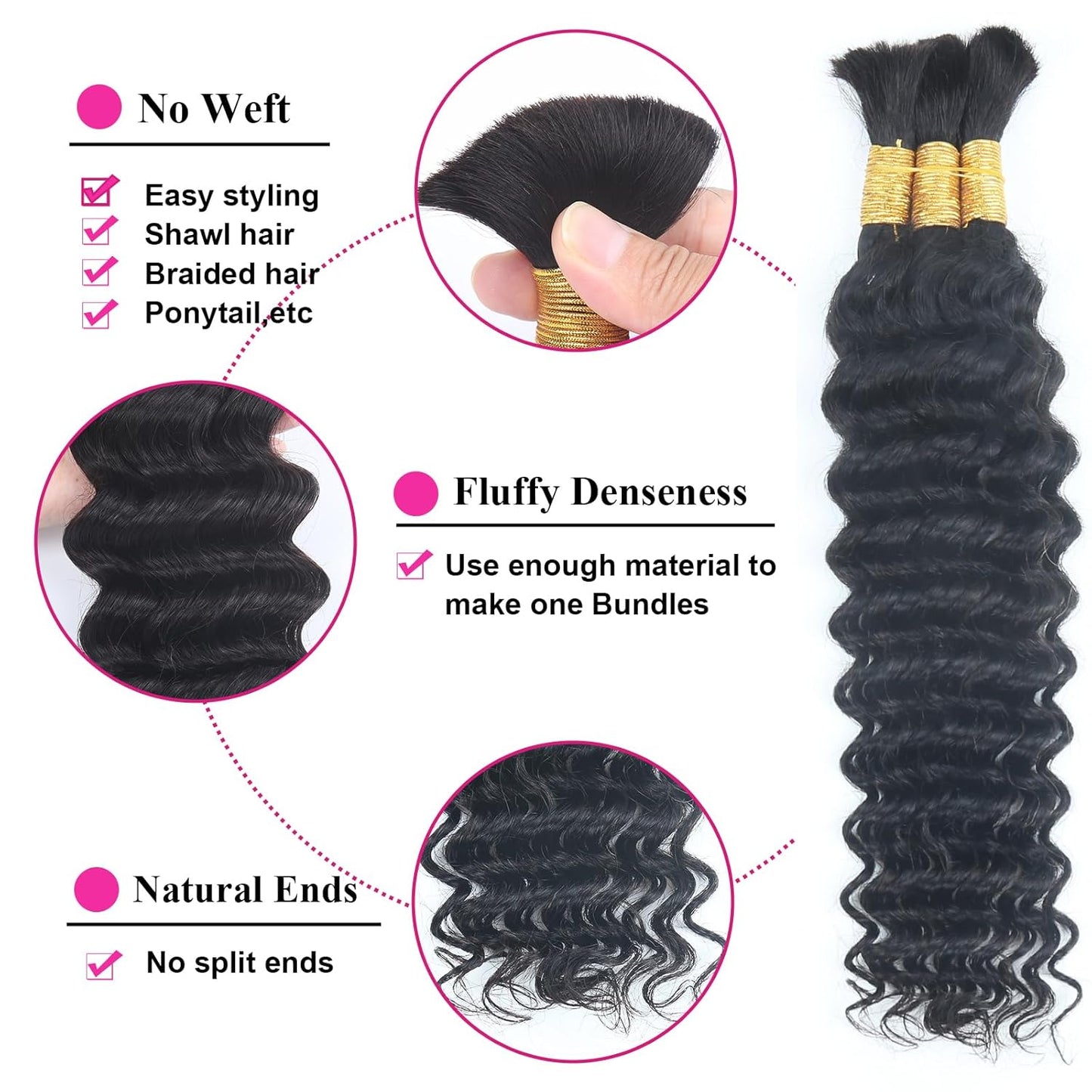 Human Braiding Hair - 20 Inch Curly Boho Braids | 110g Deep Wave Bulk Hair, Natural Black - 3 Bundles