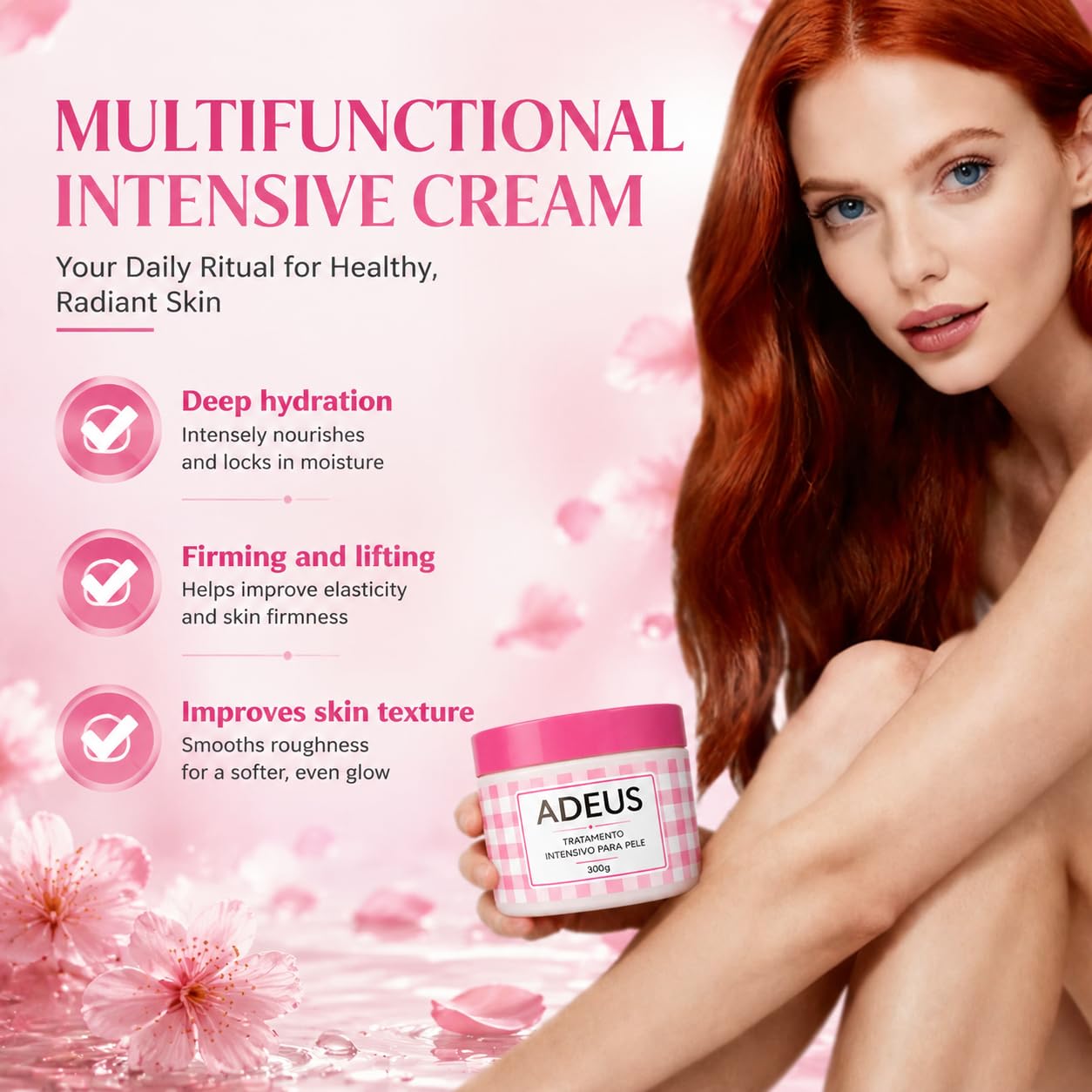 ADEUS Crema Brasileña, Cream Rosada, Multifunctional Pink Intensive Cream, Deeply Moisturizing and Firming Creams with Centella Asiatica, Seaweed and Green Tea (1)