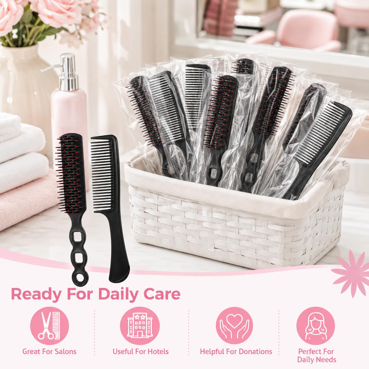 Hair Brushes, 48 Pcs Bulk Hair Brushes and Combs for Homeless Individually Wrapped Hairbrushes, Massaging Smoothing Comb Brushes