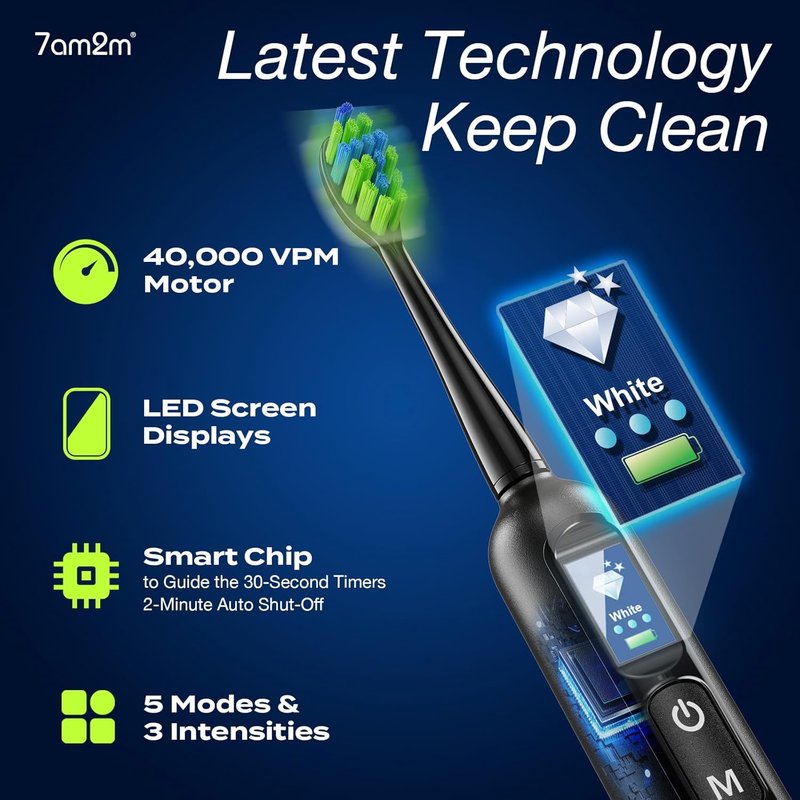 Electric Toothbrush for Adults & Teens - LED Screen, 3 Intensity Levels & 5 Modes | 90-Day Battery Life, Fast Charge, 8 Brush Heads (Black)