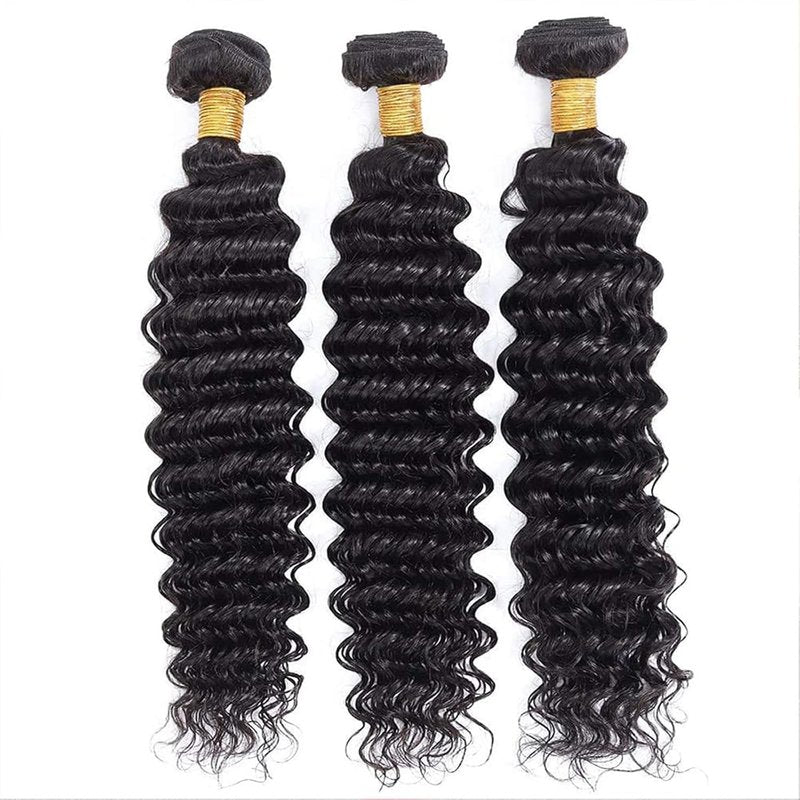 Deep Wave Human Hair Bundles - 100% Unprocessed Brazilian Virgin Hair | 10, 12, 14 Inch Natural Black Extensions
