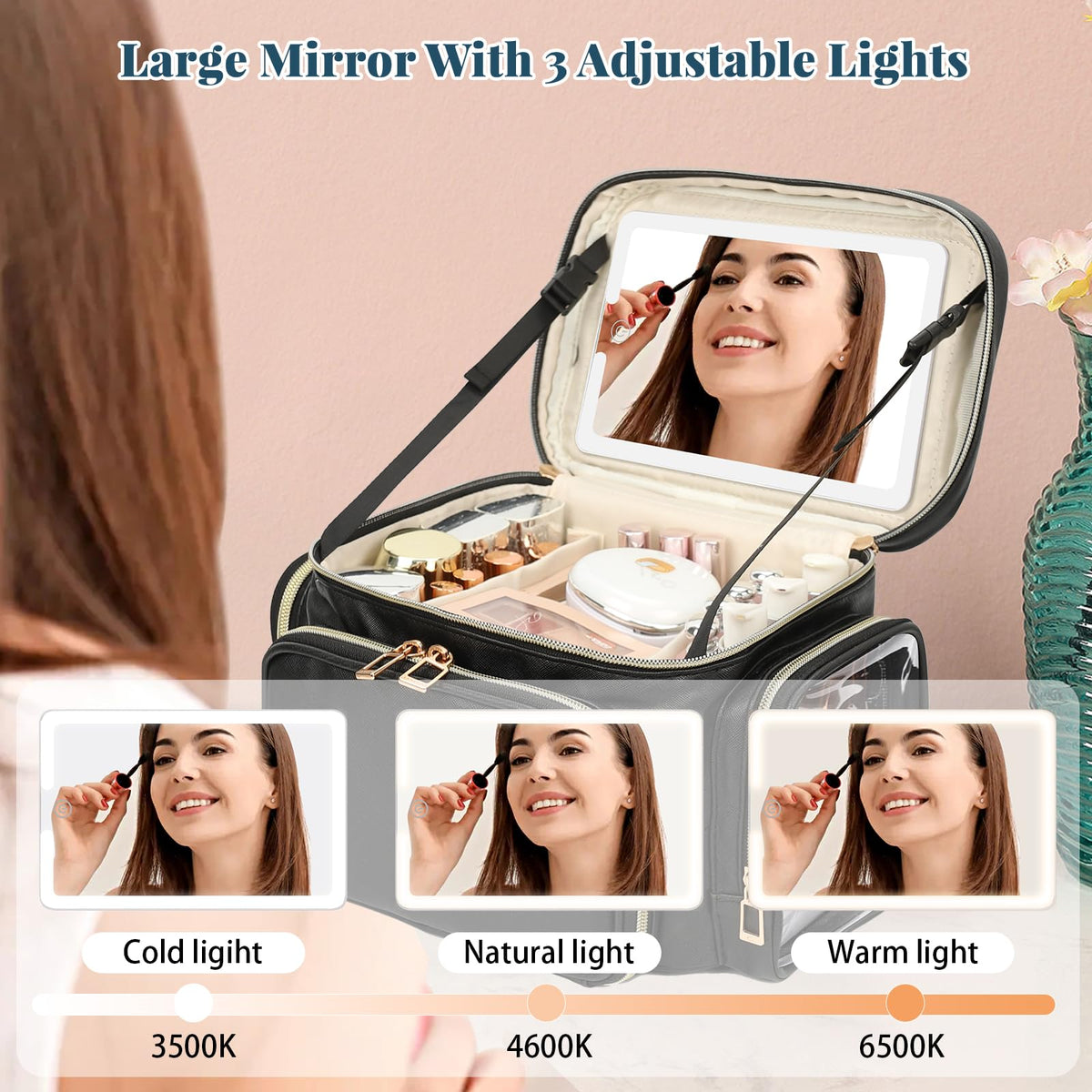 Large Makeup Bag with LED Mirror, Travel Makeup Bag Organizer for Women Girls with Makeup Brush Compartment & Two Side Pockets, 3 Color Lights Cosmetic Toiletry Bag- Leather Black