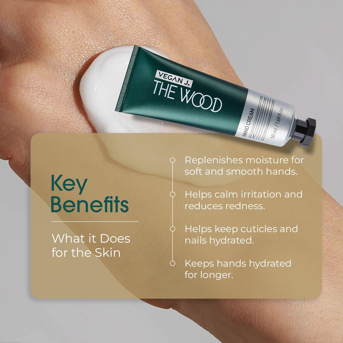 Vegan J. The Wood Hand Cream | Deep Hydration with Shea Butter | Fast-Absorbing, Non-Sticky, Vegan & Cruelty-Free Hand Care with Woody Amber Green Scent (1.69 fl.oz.)