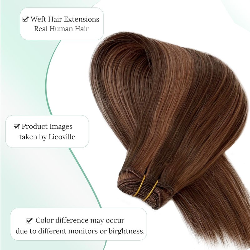 Weft Hair Extensions Medium Brown with Auburn Human Hair Sew in Extensions 14 Inch 80G Thick Ends Double Weft Brown Balayage Hair Extensions Real Human Hair Sew in Hand Tied Real Hair Wefts