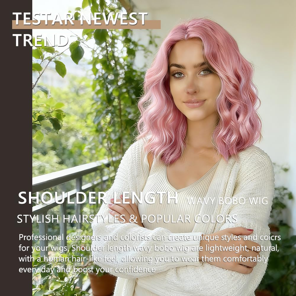 Pink Wig for Women Pre Cut Hand-Tied Lace Short Wigs for Women Wavy Natural Hairline Middle Part Hair Replacement Wigs for Beginners 14 Inch Natural Bob Style Synthetic Wig 3 Seconds Wear for Daily