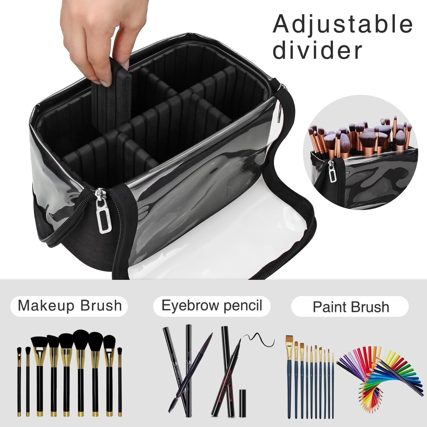Makeup Brush Organizer - Travel-Friendly Stand-Up Holder with Adjustable Divider | Large Black Cosmetic Case