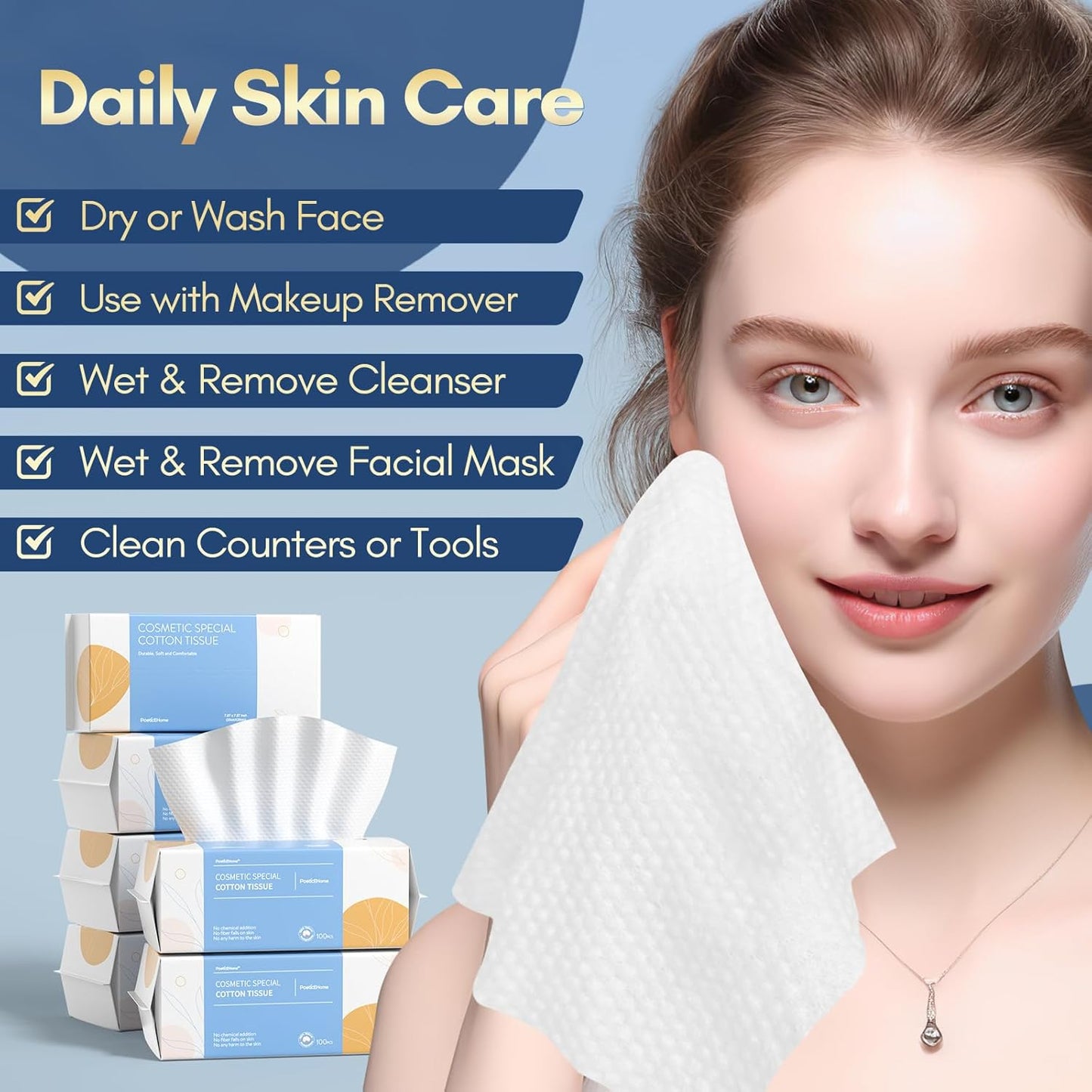 Soft Cotton Tissue Face Towels - Disposable Cleansing Cloths for Sensitive Skin | 3 Pack (300 Count)