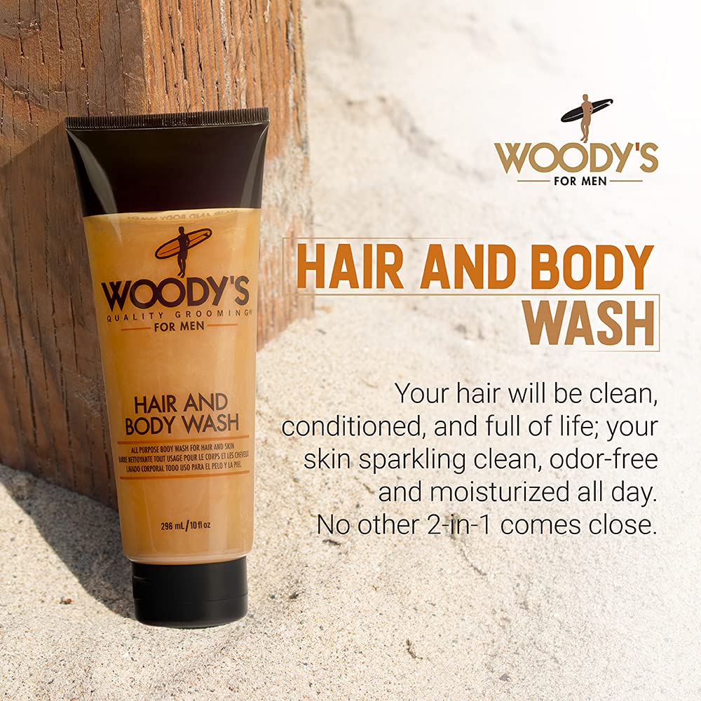 Woody's Hair and Body Wash for Men – 2-in-1 Cleanser & Body Wash, Deep Cleansing, Hydrating, Refreshing Scent, Sulfate-Free, 10 fl oz, 1 Pack