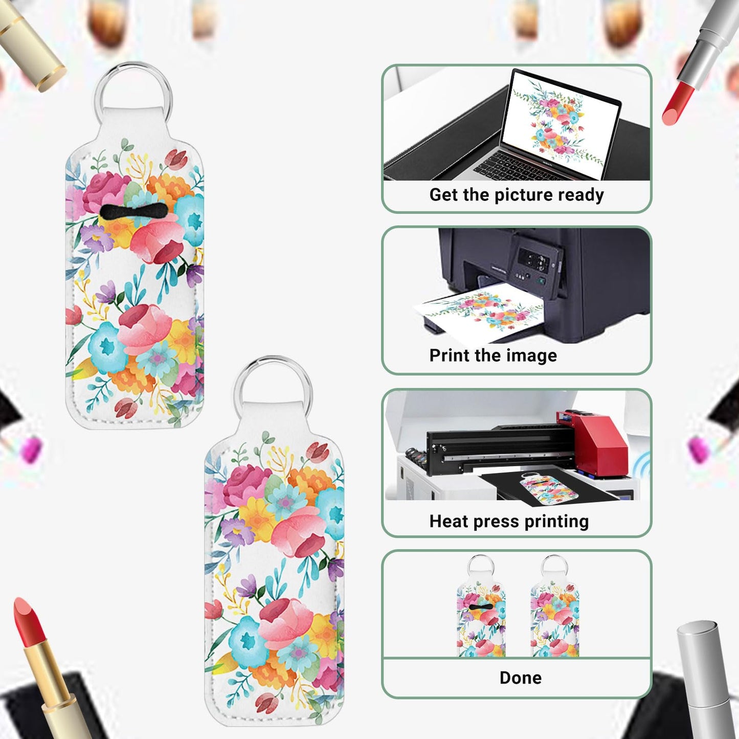 120 Pcs Sublimation Lipstick Holder Keychain with Key Ring Heat Transfer Blank Travel Keychain Small Items Organizer for Women Travel Supplies
