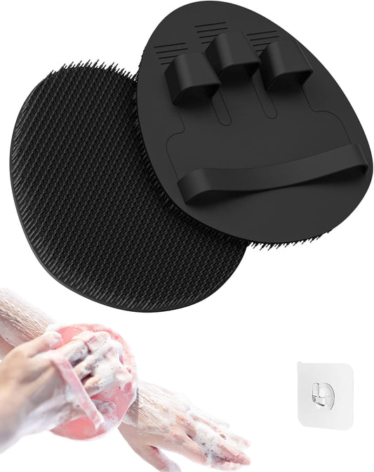 Manmihealth Soft Silicone Shower Brush, Super-Lathering and Deep-Cleaning Body & Face Scrubber, Gentle Exfoliating Bath Glove for All Skin Types, with 2 Free Hooks.(Black + Pink)