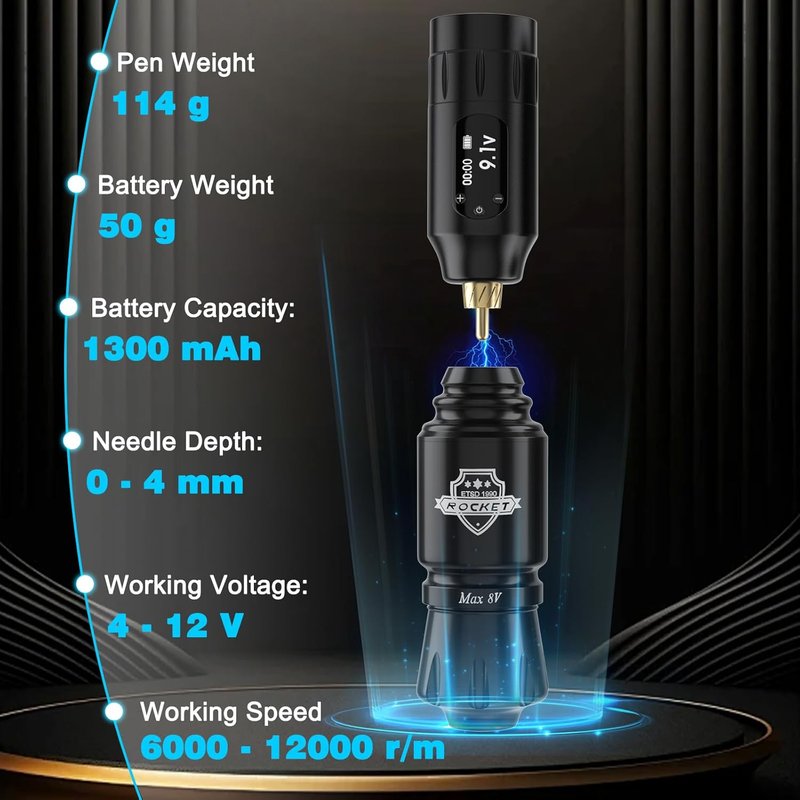 Complete Tattoo Kit for Beginners - Professional Cordless Rotary Machine with 10 Cartridge Needles | Power Supply Included