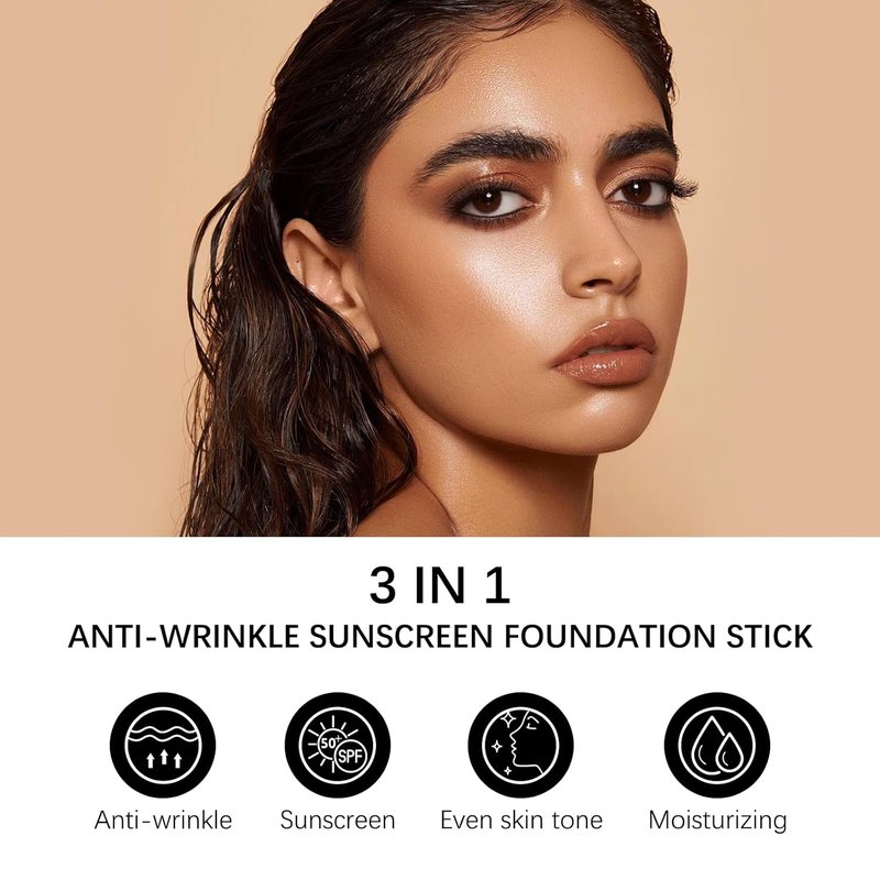 3-in-1 Hydrating Foundation Stick - Anti-Wrinkle Concealer & Multi-Use Cream | Natural Matte Finish for All Skin Types (Dark)