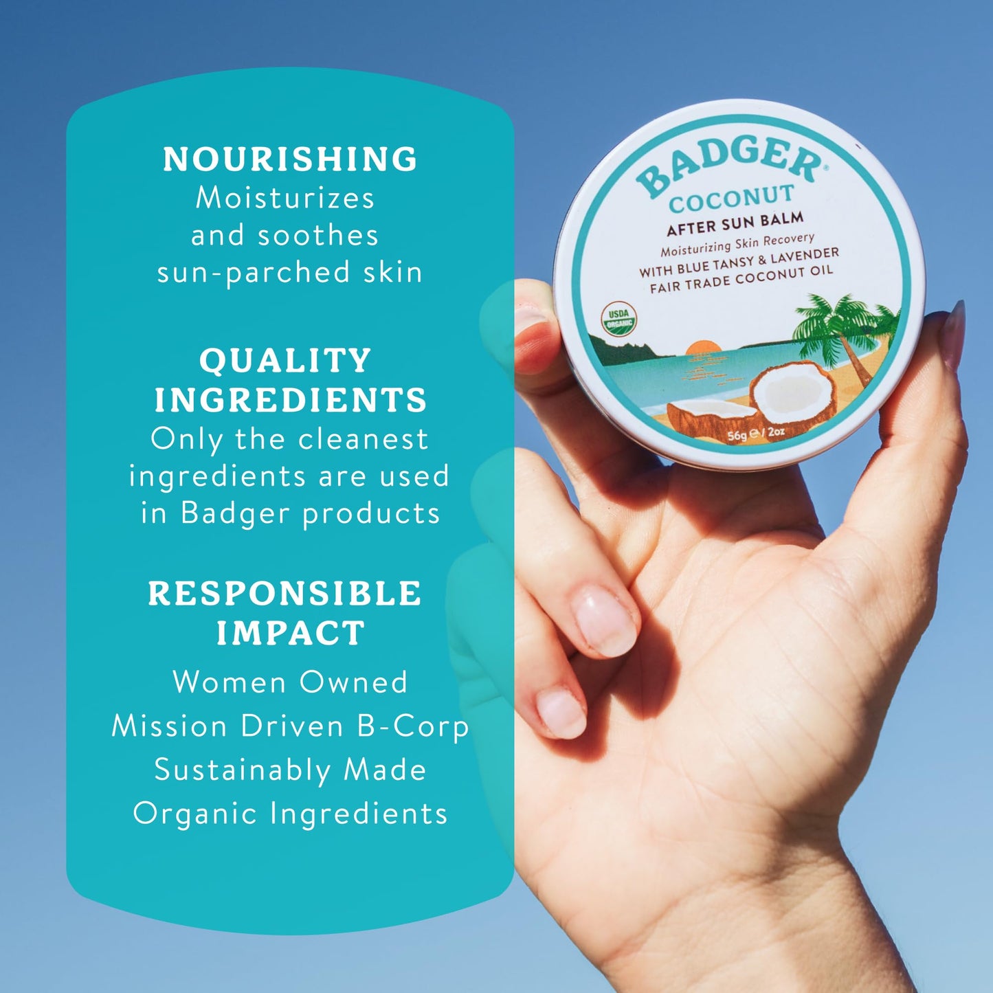 Badger Coconut AfterSun Balm, 100% Organic Soothing Sunburn Relief, Great Smelling, Moisturizing & Hydrating After Sun Skin Care, 2 oz Tin