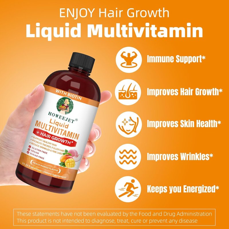Liquid Multivitamin for Hair Growth - Biotin 10000mcg | Clinically Tested for Thicker Hair & Skin Elasticity | 15.22 Fl Oz