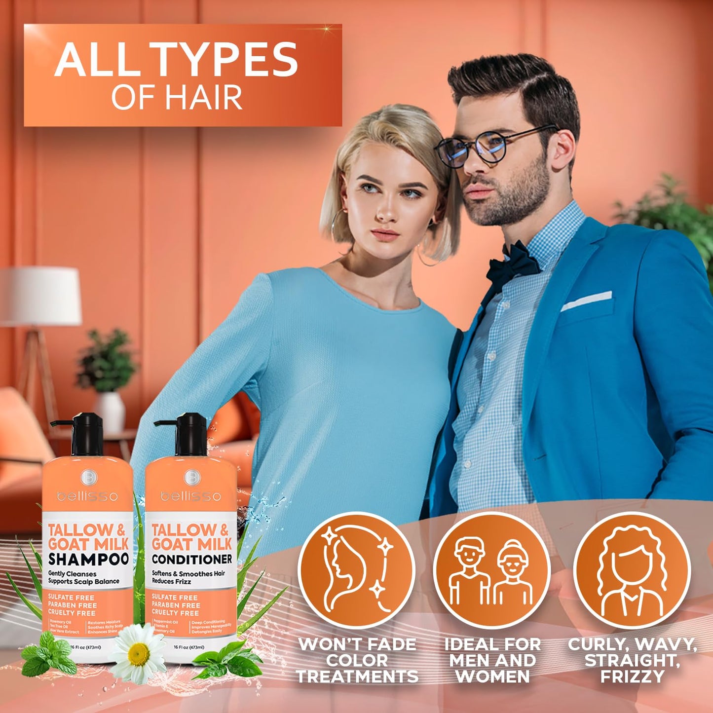 Beef Tallow Shampoo and Conditioner Set with Goat Milk - Sulfate Free Moisture for Women and Men - For Dry, Itchy Scalp - Hydrating, Thickening, Volume Care for Thinning Hair - 16 Fl Oz (Pack of 2)