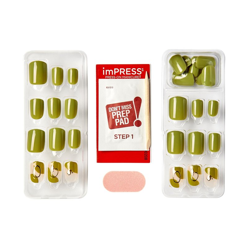 Kiss Impress No Glue Mani Press On Nails, Design, 'Before Sunrise', Green, Short Size, Squoval Shape, Includes 30 Nails, Prep Pad, Instructions Sheet, 1 Manicure Stick, 1 Mini File