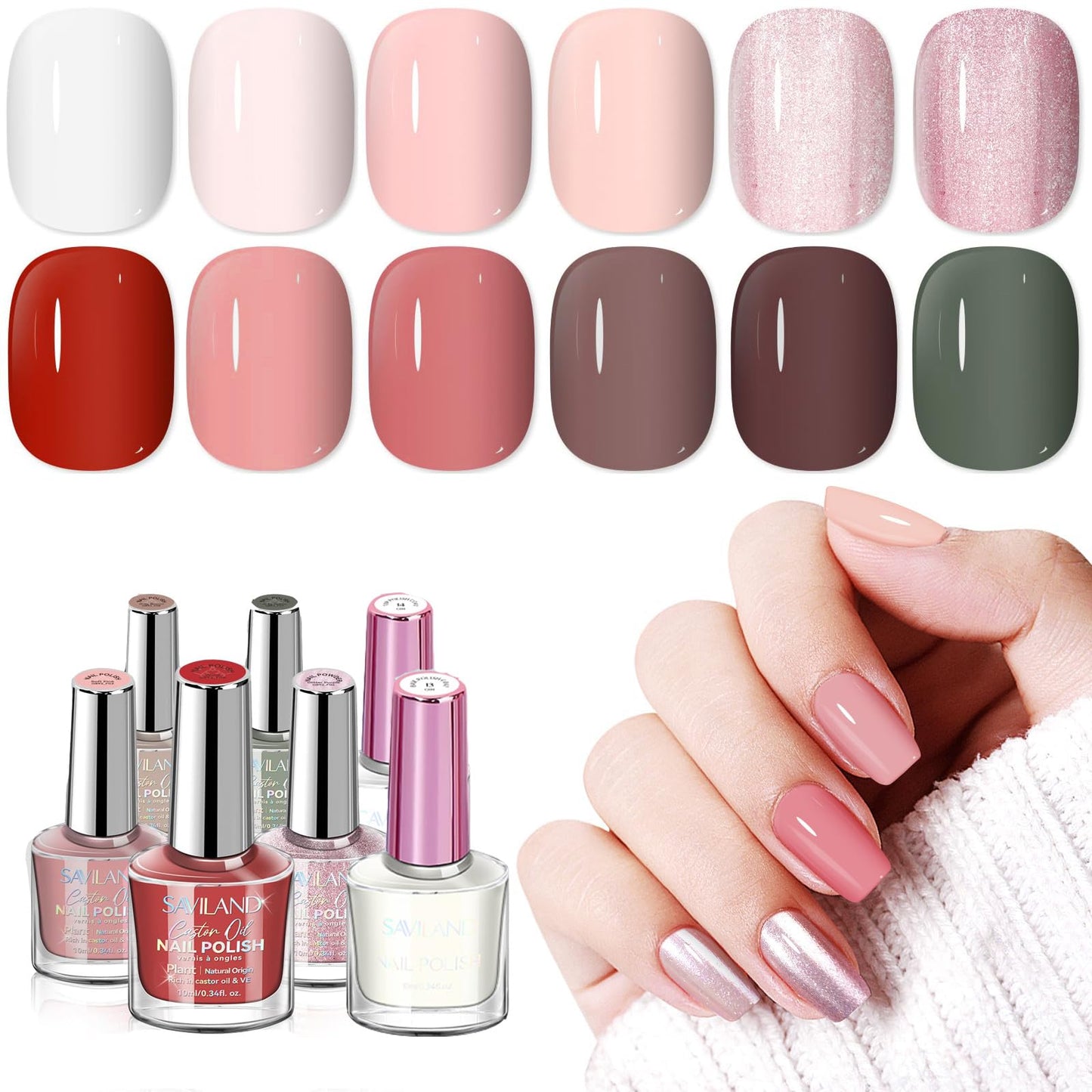 SAVILAND Pink Nail Polish Set: Burgundy Dark Red White Pearl Quick Dry Nail Polish Regular Kit with Castor Oil Base and Top Coat Nail Lacquer Set DIY Art at Home Gift 12 Colors 14 Pcs