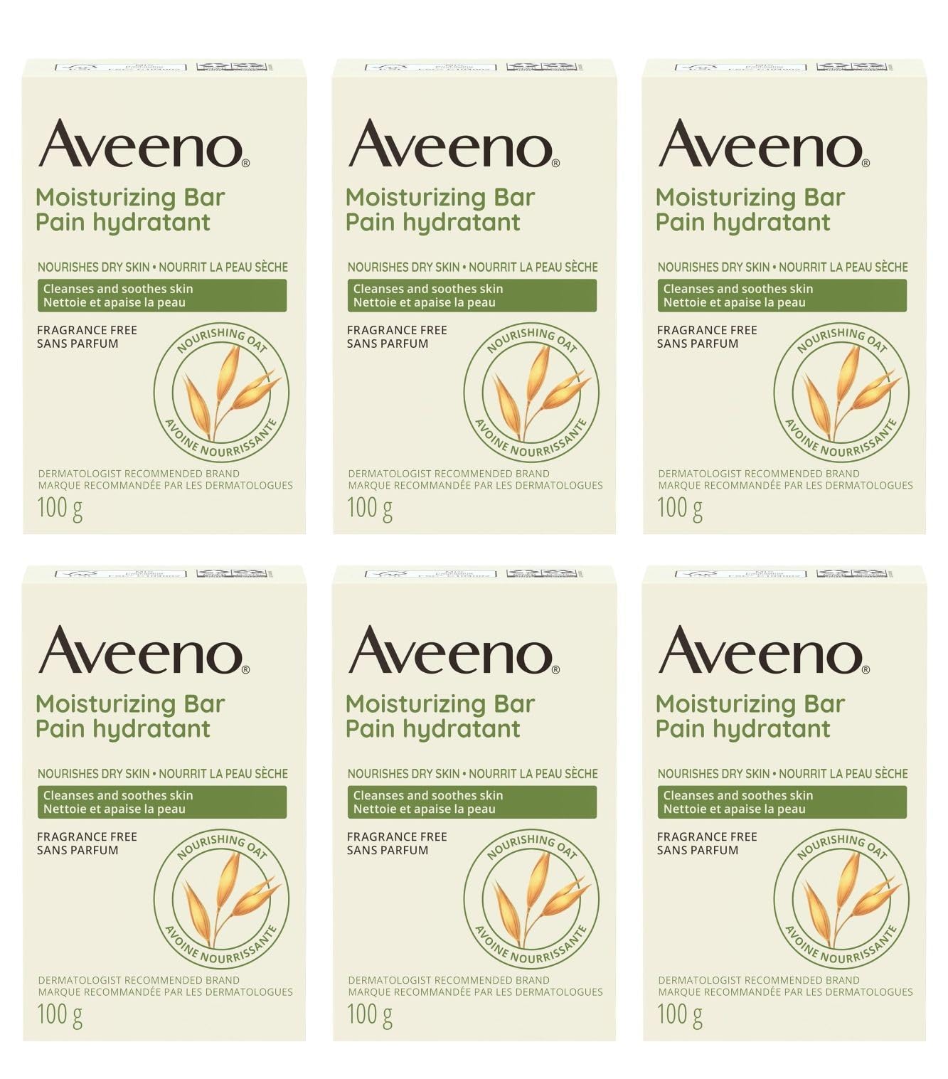 Aveeno Gentle Moisturizing Bar Facial Cleanser with Nourishing Oat for Dry Skin, Fragrance-free, Dye-Free, & Soap-Free, 3.5 oz (Pack of 6)