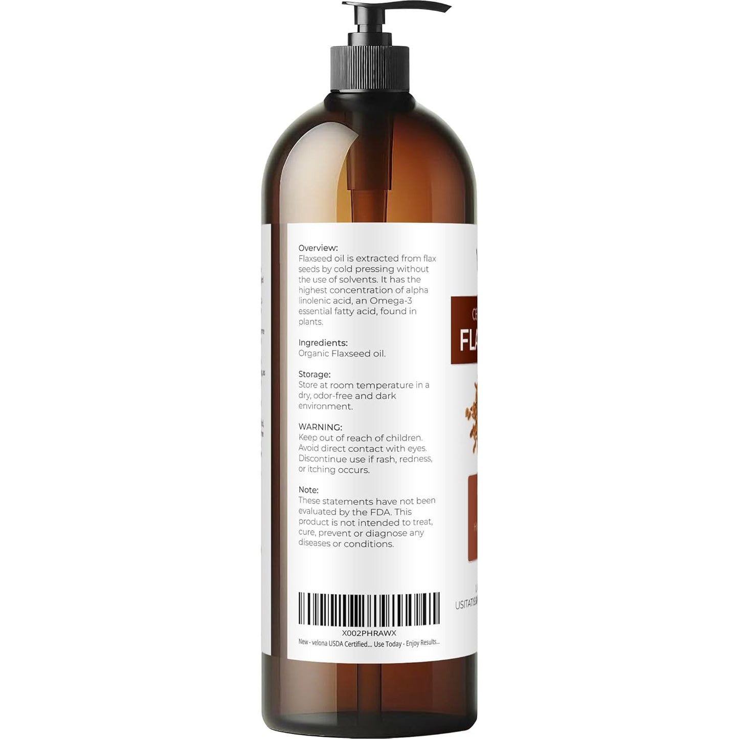 Organic Flaxseed Oil - 32 Fl Oz | 100% Pure Cold Pressed Carrier Oil for Body, Face & Skin Care