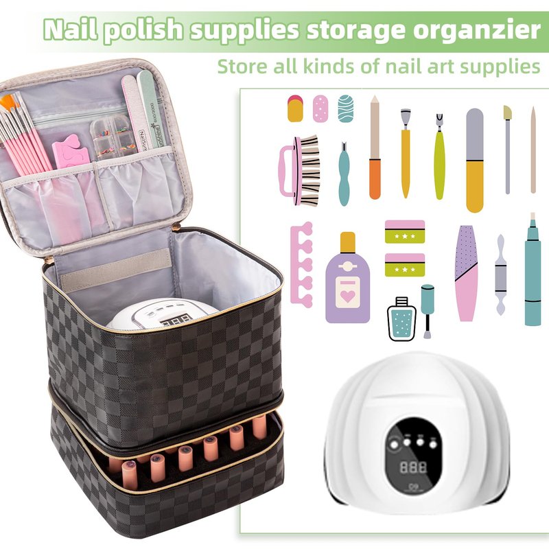 AFUOWER Nail Polish Organizer Bag with Handles - Holds 30 Bottles (15ml - 0.5 fl.oz)，Travel Case Portable Storage Bag for Manicure Set (Checkered Black)