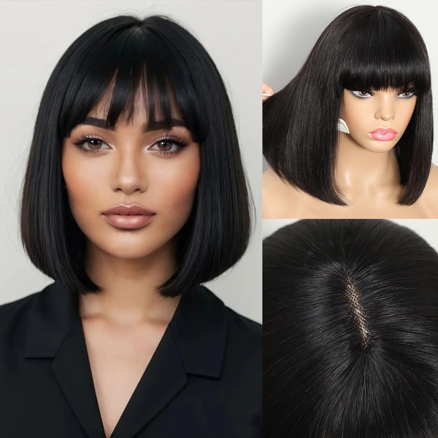 KEPWIN Bob Wig with Bangs Human Hair Wig 2x1 Closure Transparent Lace Bob Glueless Wigs Human Hair Short Wigs Straight Wigs for Black Women Wear and Go Natural Black 180% Density 10Inch