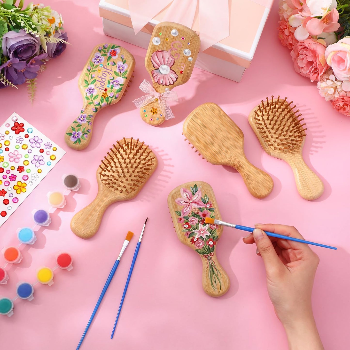 Weysat 18 Set DIY Wooden Hairbrush Painting Kits Paint Your Own Hair Brush with Paint Brush Sticker Mini Travel Detangling Hairbrush for Wedding Bridal Showers Girlfriends Night Gifts(Classic)