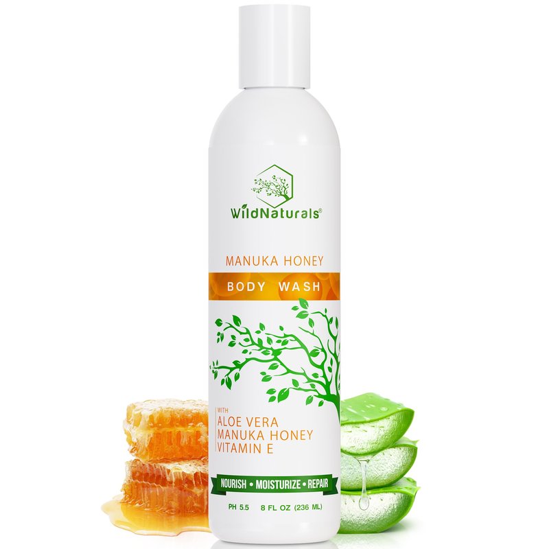 Wild Naturals Manuka Honey Eczema and Psoriasis Body Wash – Organic, Natural Body Wash with Aloe Vera, Cehami, and Manuka Honey – Plant-Based, Sulfate-Free, Cruelty-Free Skincare