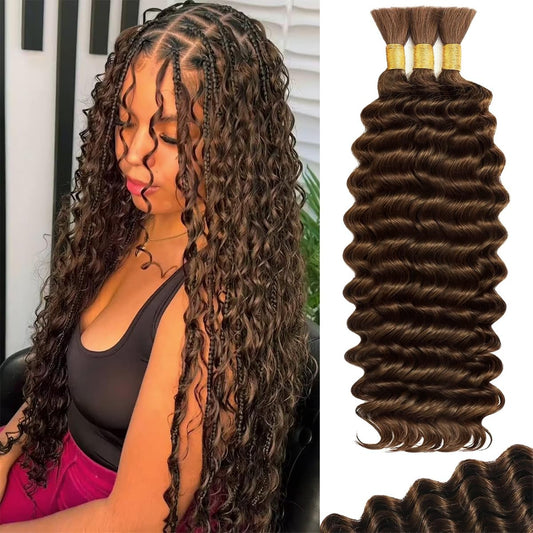 CIFENDIN Human Braiding Hair For Boho Braids 110g Deep Wave Bulk Human Hair for Braiding Knotless 12A 100% Brazilian Virgin Hair Extensions Bulk Bohemian 3 Bundles Chocolate Brown 14 Inch