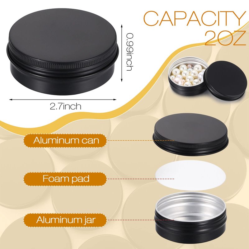 Patelai 64 Pieces Lip Balm Tin Containers Screw Top Round Tin Cans Aluminum Jar with Screw Lid, Empty Bottle Travel Cosmetic Sample Container for DIY(2 oz,Matte Black)