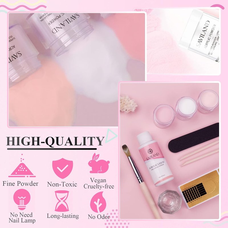 Acrylic Nail Starter Kit - Clear Pink Nude Powder & Liquid | Complete Home Practice Set with Brush, Files & Forms