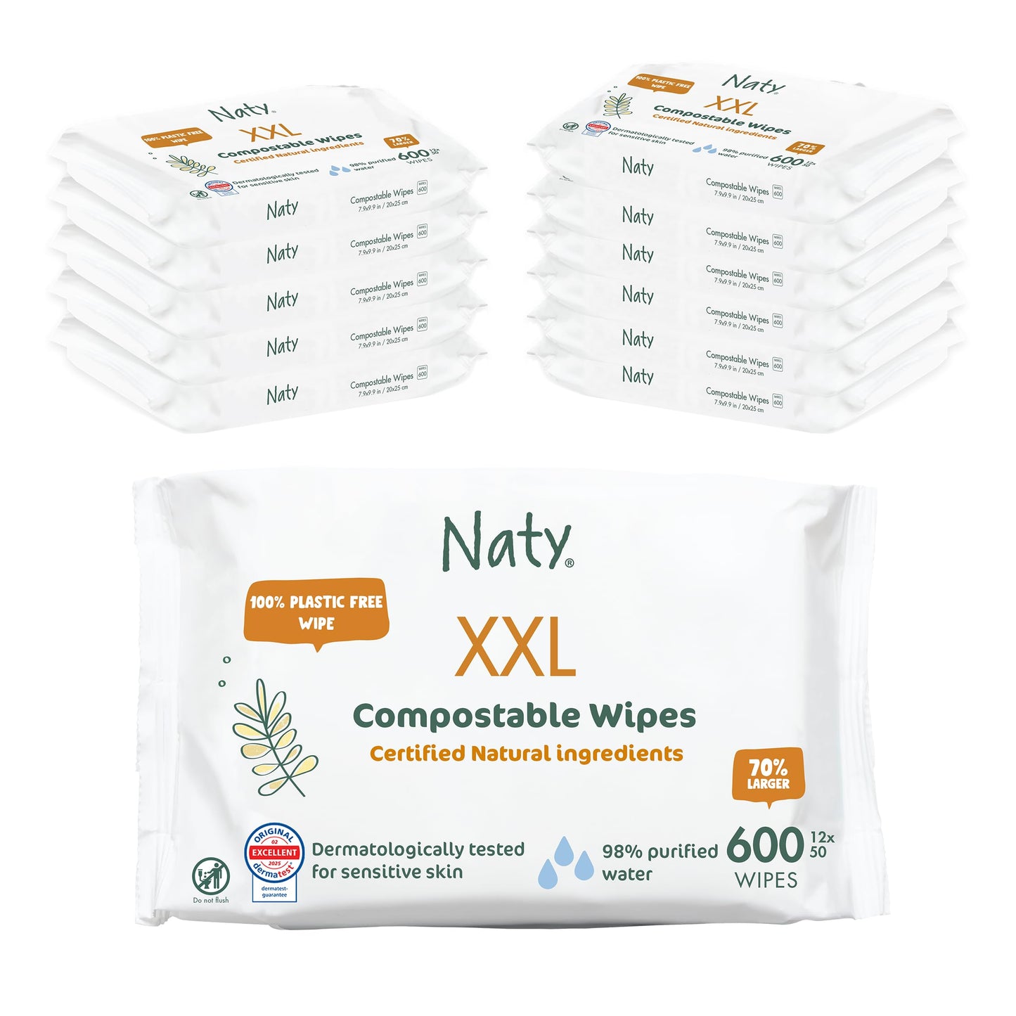 Naty Baby Wipes XXL, 98% Water & Hypoallergenic, 600 Count (12 Packs)