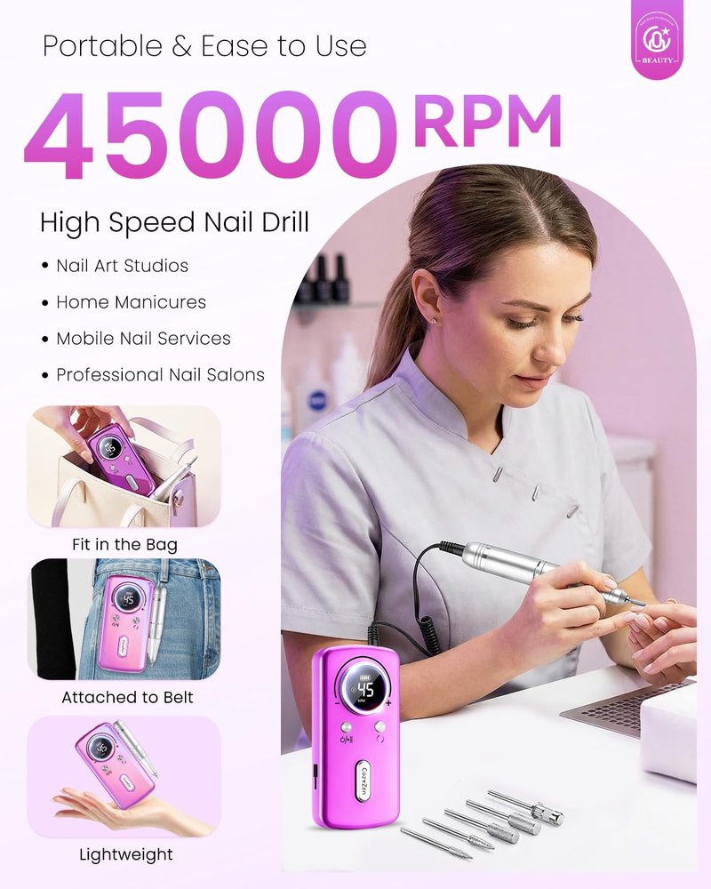 CozyZen Cordless Nail Drill Professional: 45000 RPM Rechargeable Electric Nail File Kit, Portable & Low Noise for Acrylic, Gel Nails, Manicure & Pedicure - Salon & Home Use