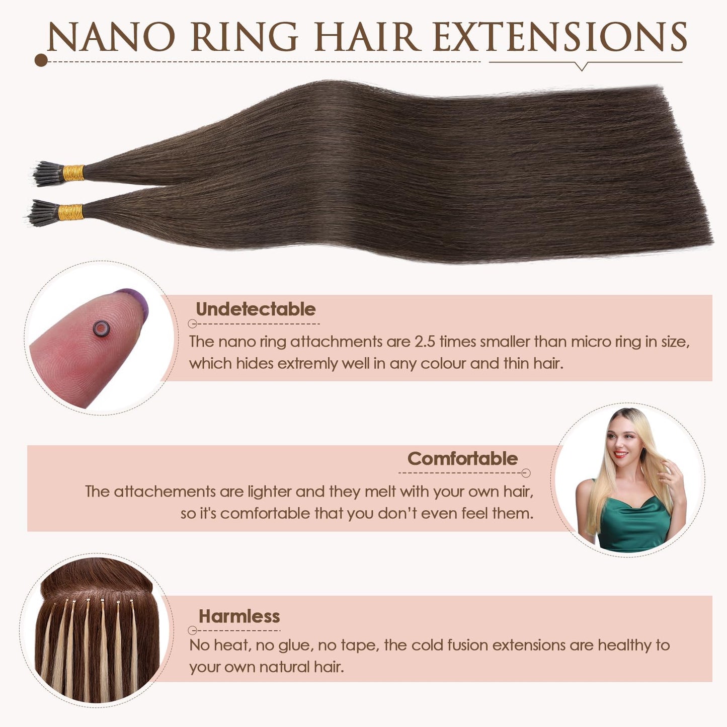 TESS Nano Bead Human Hair Extensions, Nano Ring Hairpieces Nano Tip Hair Extensions Pre-Bonded Seamless Look 50pcs/pack, 16 inch, #2R Dark Brown